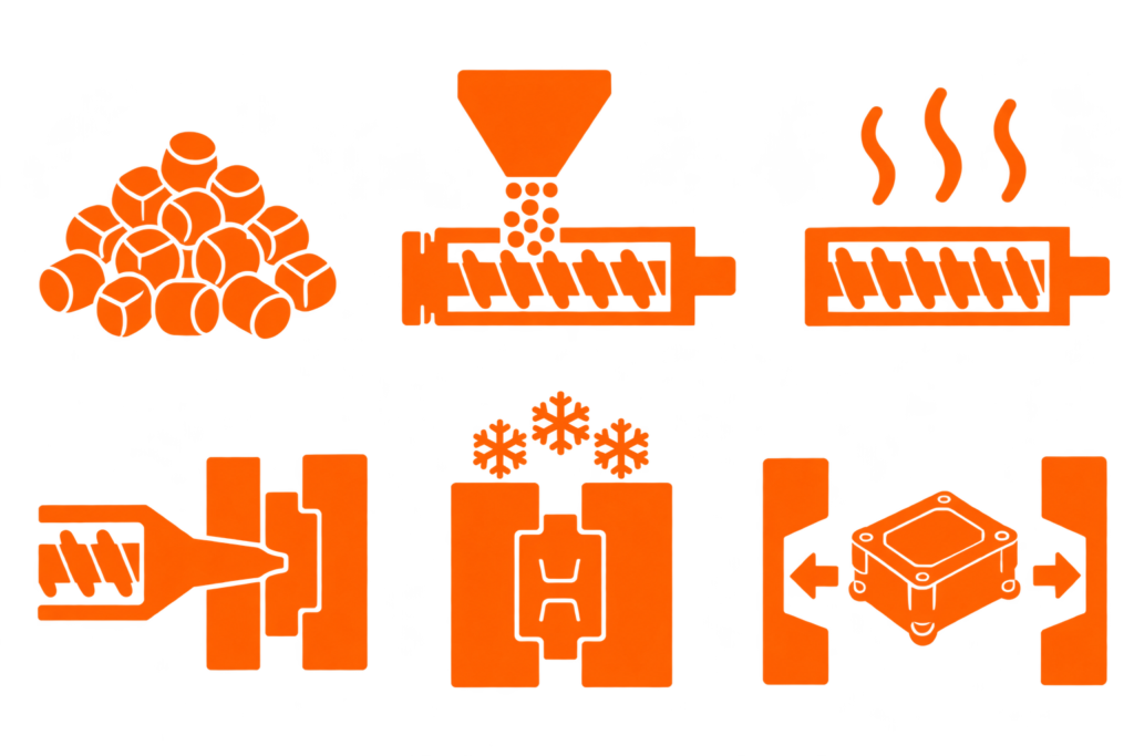 orange injection moulding process icons